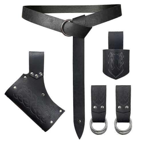 Acessórios de cinto medieval em couro com suporte para espada e machado, compatível com Halloween, preto e ajustável