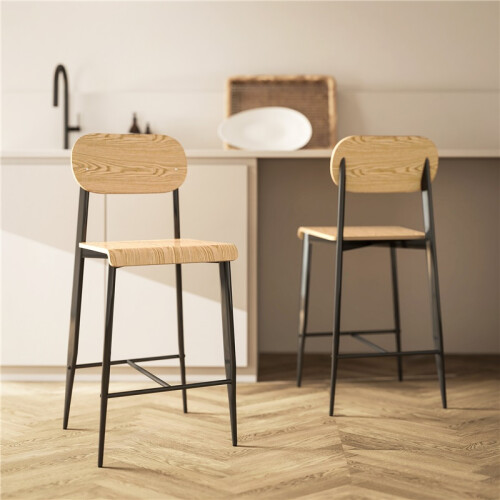 Ensemble de 2 tabourets de bar en bois avec dossier, marron clair 2