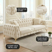 (Cream, Armchair) Luxury 1,2,3 Seater Velvet Sofa Chesterfield Settee Lounge Chaise Couch Loveseat
