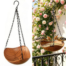 Hangend vogelbad en voederhuisje voor tuin, balkon en terras, weer- en vorstbestendig, hout met metalen ketting, decoratief vogeltje