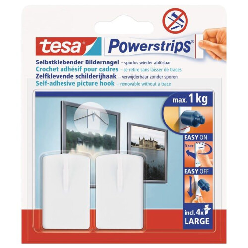 Objeto de decoração de parede - TESA POWERSTRIPS GANCHO - 2pcs - 1kg - Branco - Retangular