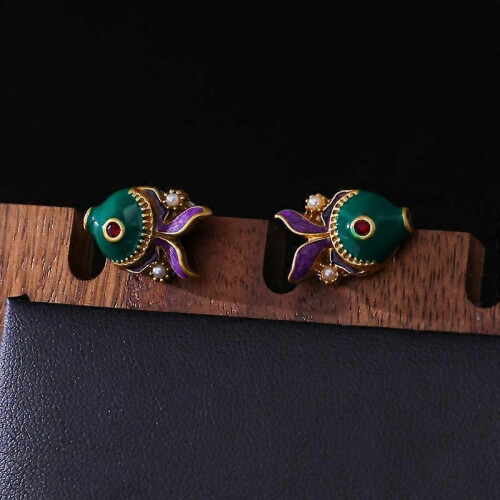 Brincos de peixe em esmalte para mulher, estilo vintage de palácio, joia elegante para presente, delicada e sofisticada 2