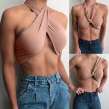 Top sexy pentru femei, cu halter încrucișat, crop top, cu bandă încrețită, pentru maiou, roz