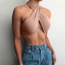 Sexy Damen-Crop-Top mit gekreuzten Trägern, gerafftem Neckholder-Verschluss und Bindebändern, pink