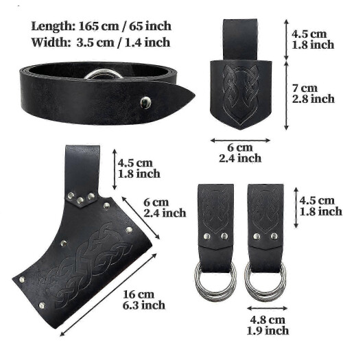 Acessórios de cinto medieval em couro com suporte para espada e machado, compatível com Halloween, preto e ajustável 2