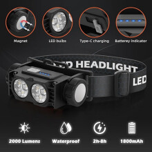 Oplaadbare LED-hoofdlamp, 2 stuks, superheldere hoofdlamp van 2000 lumen met 3 lichtstanden, waterdichte hoofdlamp