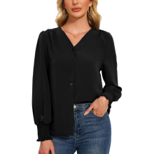 Chemisier Blouse Femme Manches Longues Élégant Col en V Casual Noir S — haut mousseline femme, chemise noire chic