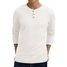 T-shirt Henley Homme à Manches Longues Texture Gaufre Élégant Blanc XXL — haut homme boutonné, chemise casual homme