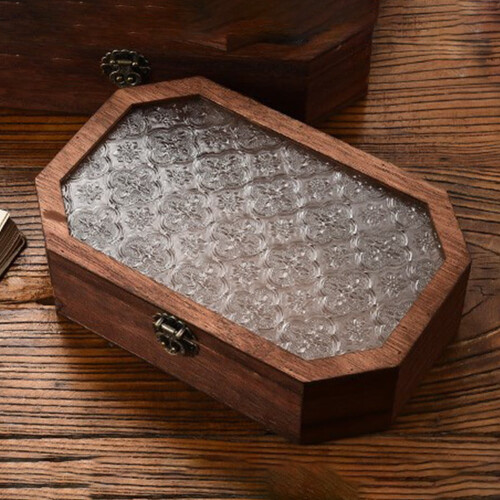 Begonia flower glass decorative box octagonal solid wood 1