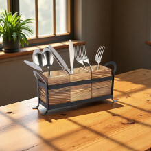 Wooden Utensil Caddy with Metal Frame 3-Compartment