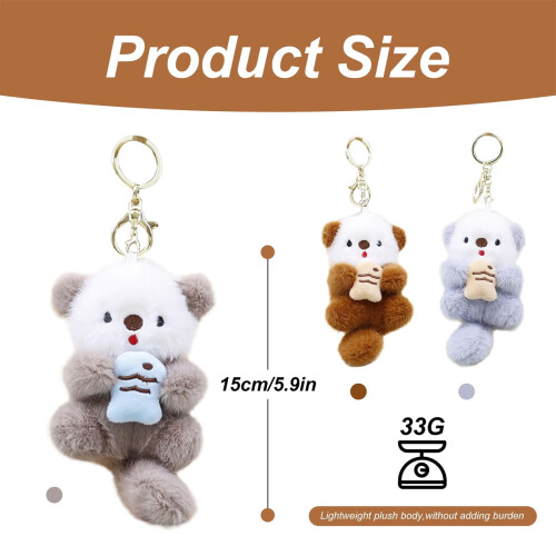 Otter Plush Keychain with Fish Charm Soft Plush Metal Ring 1