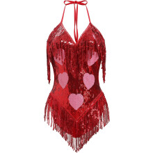 Body de Baile con Flecos Disfraz de Festival Brillante Rojo L — ropa baile mujer, traje carnaval lentejuelas