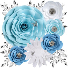 Fleurs en Papier Bleu 3D, Grandes Décorations pour Mur avec Autocollants Papillon, Décor Fleurs Mur pour Chambre Bébé