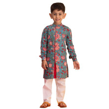 VASTRAMAY Jungen Türkis Baumwolle Kurta Pyjama Set für Janmashtami, Rakhi - Festlicher Floral Blockdruck