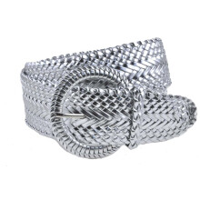 Women's Fashion Web Woven Braid Faux Leather Metallic Wide Belt L 43"""" Metallic Silver