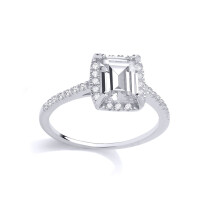 (P) Jewelco London Ladies Rhodium Sterling Silver Emerald CZ Cushion Halo Solitaire Engagement Ring - GSR1014
