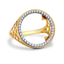 (V) Jewelco London Unisex Solid 9ct Yellow Gold Cubic Zirconia Halo Circle of Life Full Sovereign Coin Mount Ring - JRN168-F-CZ