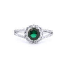 (Q) Jewelco London Rhodium Silver Green Round Brilliant CZ Split Shoulder Halo Solitaire Cluster Ring - ARN188G