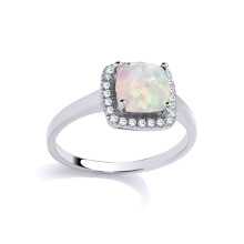 (R) Jewelco London Sterling Silver Opal Cushion Cubic Zirconia Halo Cluster Solitaire Engagement Ring - GVR548OP
