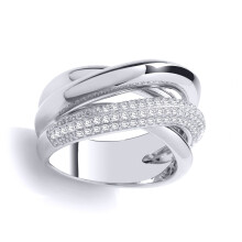 (O) Jewelco London Ladies Rhodium Plated Sterling Silver CZ 3 Way Pave Crossover Russian Bond Cocktail Ring - GVR979