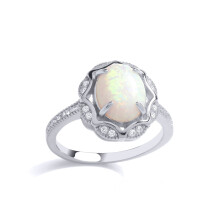 (L) Jewelco London Ladies Rhodium Plated Sterling Silver Rainbow Oval Opal CZ Scallop Edge Predator Solitaire Cocktail Ring - GVR883