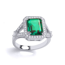 (N) Jewelco London Ladies Rhodium Plated Sterling Silver Green Emerald CZ V Shoulder Octagon Halo Solitaire Cocktail Ring - GVR896