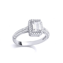 (O) Jewelco London Ladies Rhodium Plated Sterling Silver Emerald CZ Shoulder Set Rectangular Halo Engagement Ring - GVR929