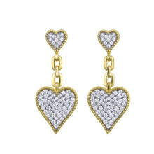 Jewelco London 14k Gold-plated Silver Round CZ Double Bead Edge Love Heart Drop Earrings - AES245