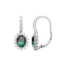 Jewelco London Ladies Rhodium Plated Sterling Silver Green Oval CZ Solitaire Cluster Drop Earrings - GVE817EM