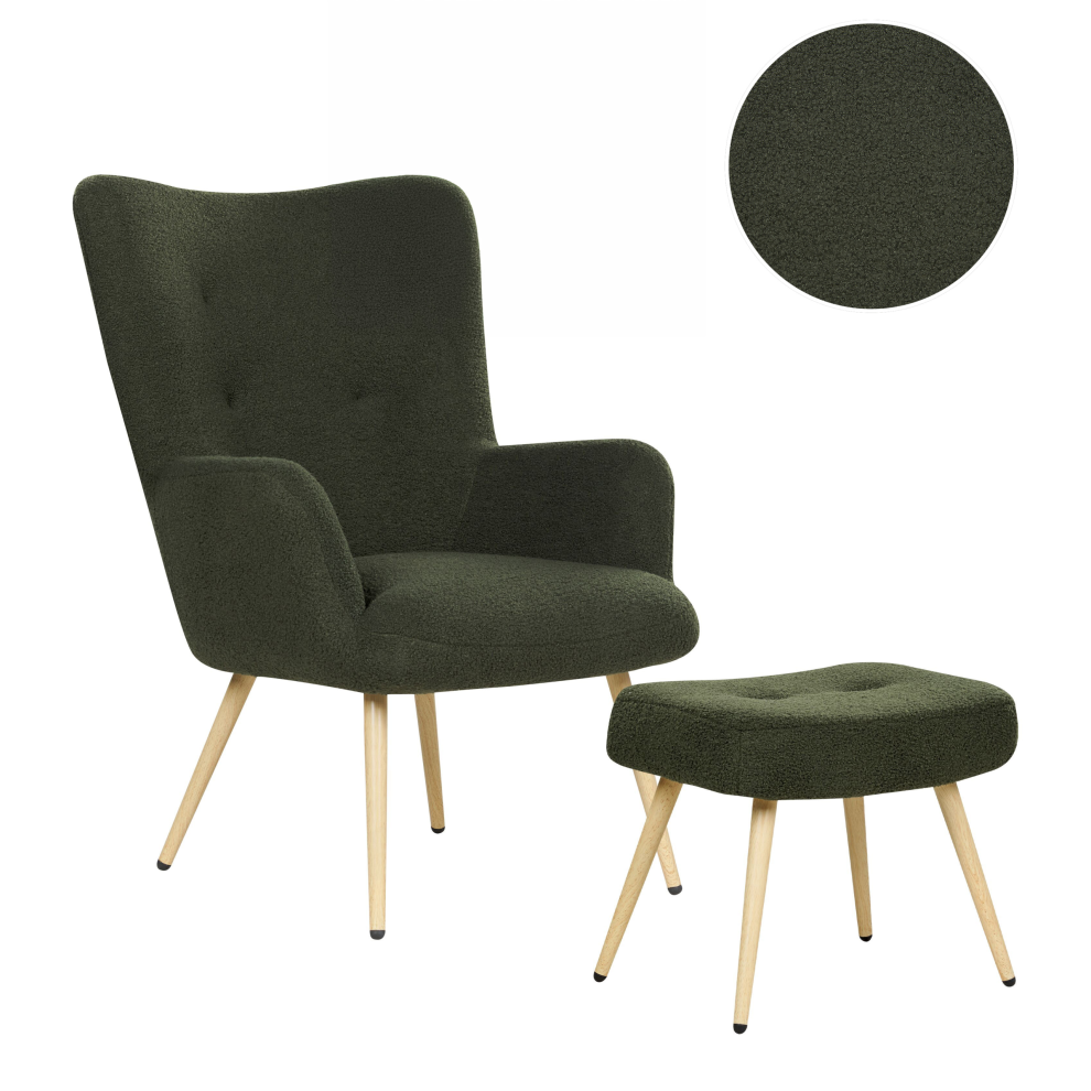 Beliani Wingback Chair Vejle With Footstool Boucle Dark Green