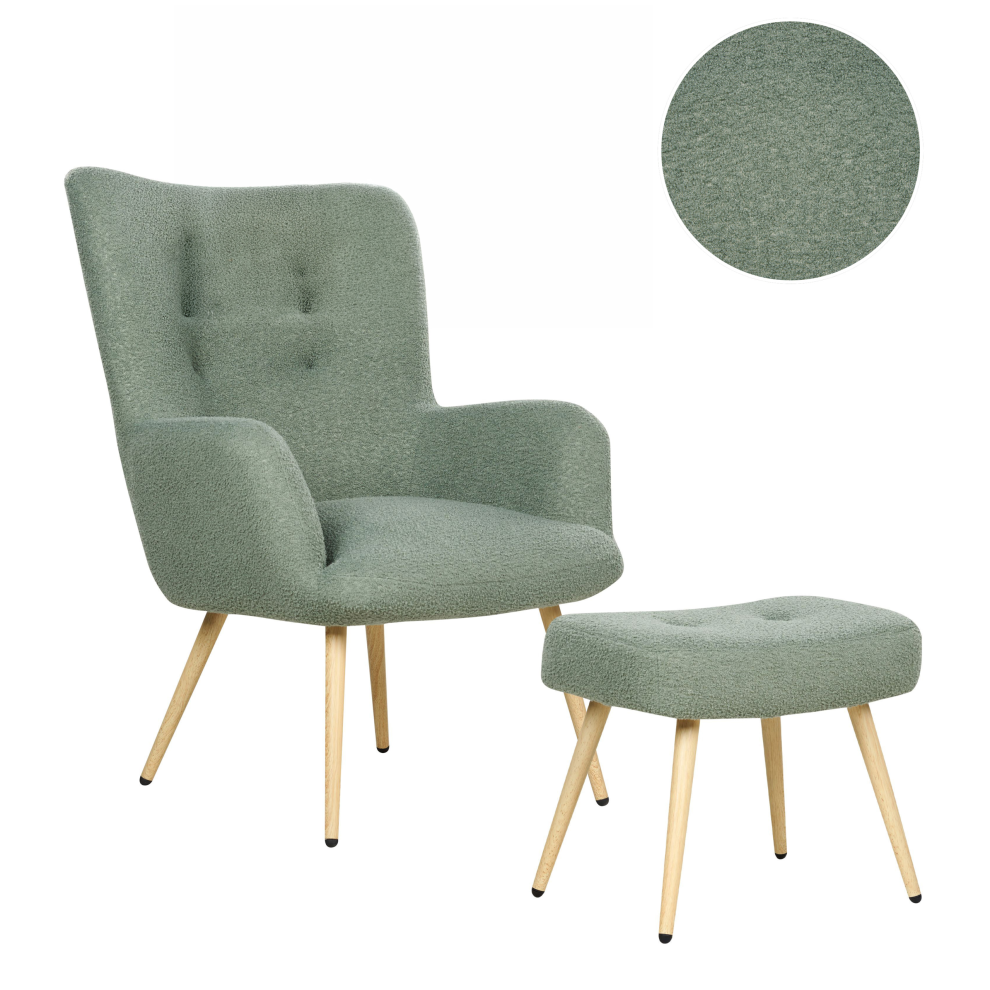 Beliani Wingback Chair Vejle With Footstool Boucle Light Green