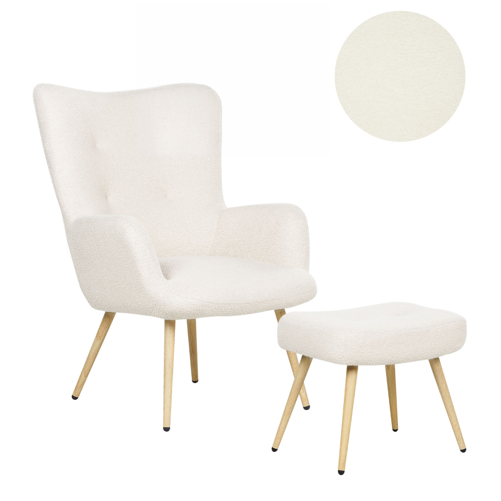 Beliani Wingback Chair Vejle With Footstool Boucle Off-White