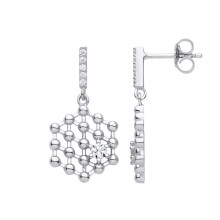 Jewelco London Ladies Rhodium Plated Sterling Silver CZ Molecular Model Structure Hexagon Honeycomb Drop Earrings - EAG1112