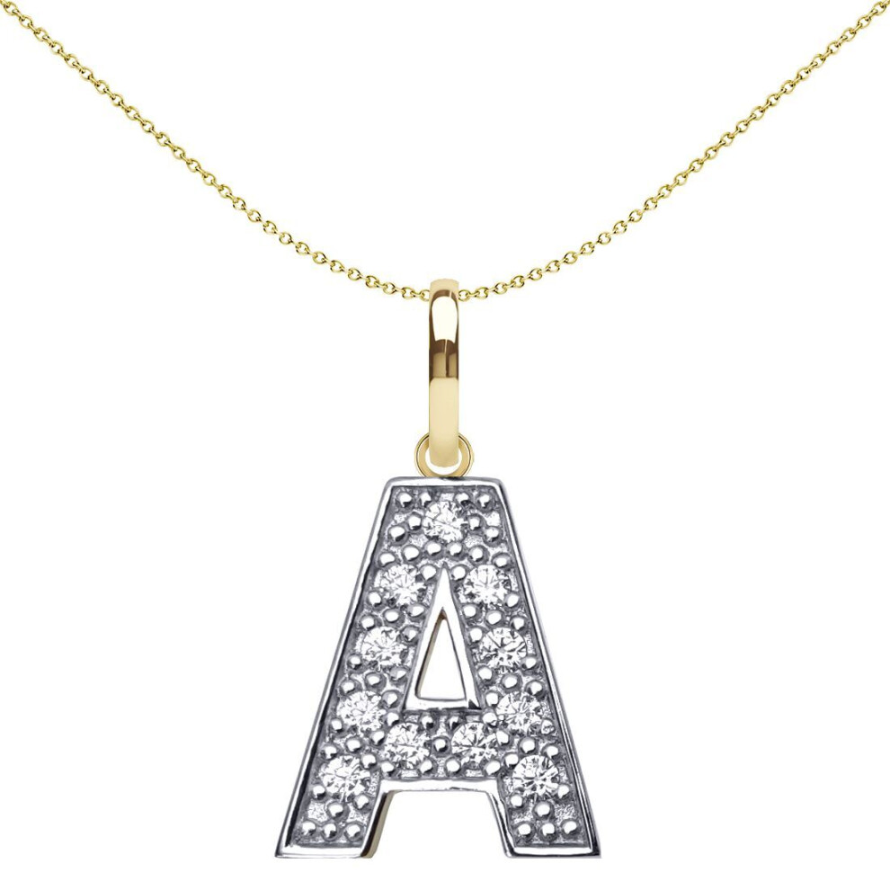Jewelco London Solid 9Ct Yellow And White Gold Cubic Zirconia 15Mm San Serif Block Font Initial Charm Pendant, Letter A - Jin022-A