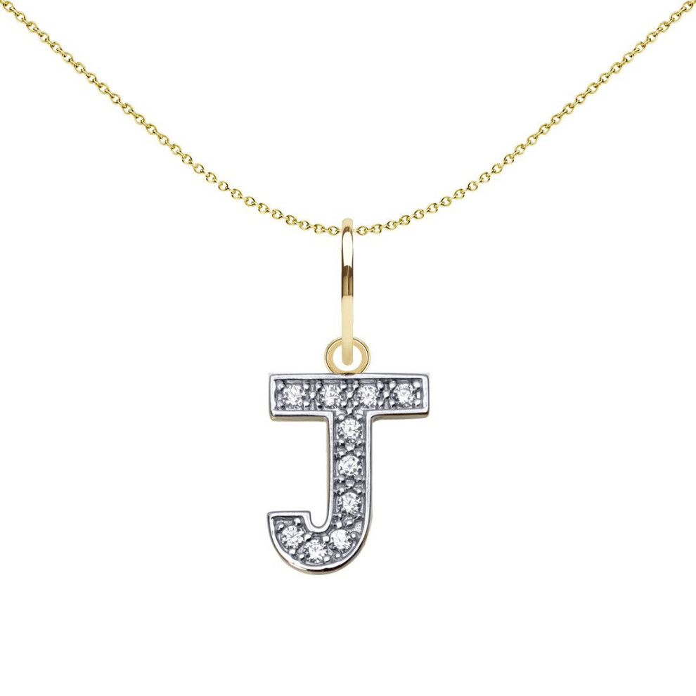 Jewelco London Solid 9Ct Yellow And White Gold Cubic Zirconia 10Mm San Serif Block Font Initial Charm Pendant, Letter J - Jin021-J