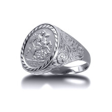 (T) Jewelco London Men's Solid 925 Silver Floral Engraved St George & Dragon Medallion Ring (Half Sov Size) - ARN116-H-SG