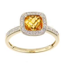 (M) Jewelco London 9ct Gold Round 13pts Diamond Cushion 1.2ct Citrine Square Cushion Beaded Halo Cocktail Ring - DR1AXL679YCT