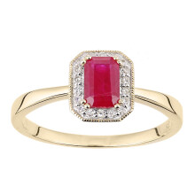 (K) Jewelco London 9ct Yellow Gold Round 8pts Diamond Octagon 0.63ct Ruby Octagon Mill Grain Halo Cluster Ring - DR1AXL619YRU