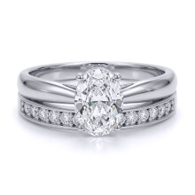 (R) Jewelco London Ladies Solid 9ct White Gold Oval Cubic Zirconia Wed-fit Solitaire & Half Eternity Travel Bridal Rings Set - JRN596+610