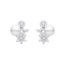 Jewelco London Rhodium Plated Sterling Silver Pearl & CZ Moon Planet & Stars Cluster Drop Earrings - EAG1473