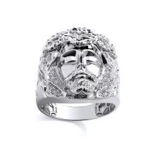 (X) Jewelco London Rhodium Plated Sterling Silver CZ Hexagon Honeycomb Jesus Head Dress Ring - GSR1104