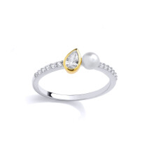 (P) Jewelco London Rhodium & Yellow Gold-Plated Sterling Silver Pear Pearl & CZ Full Moon Toi et Moi Raindrop Eternity Ring - GSR1073