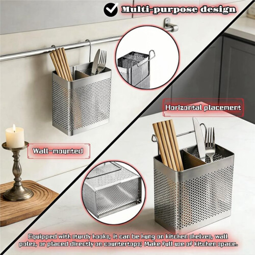 Utensil Holder for Kitchen Counter,2 Compartment Cutlery Organizer with Hooks,Dishwasher Safe Flatware Drying 2