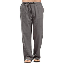 (White, US XL) Mens Cotton Linen Pants Summer Solid Color Breathable Linen Trousers