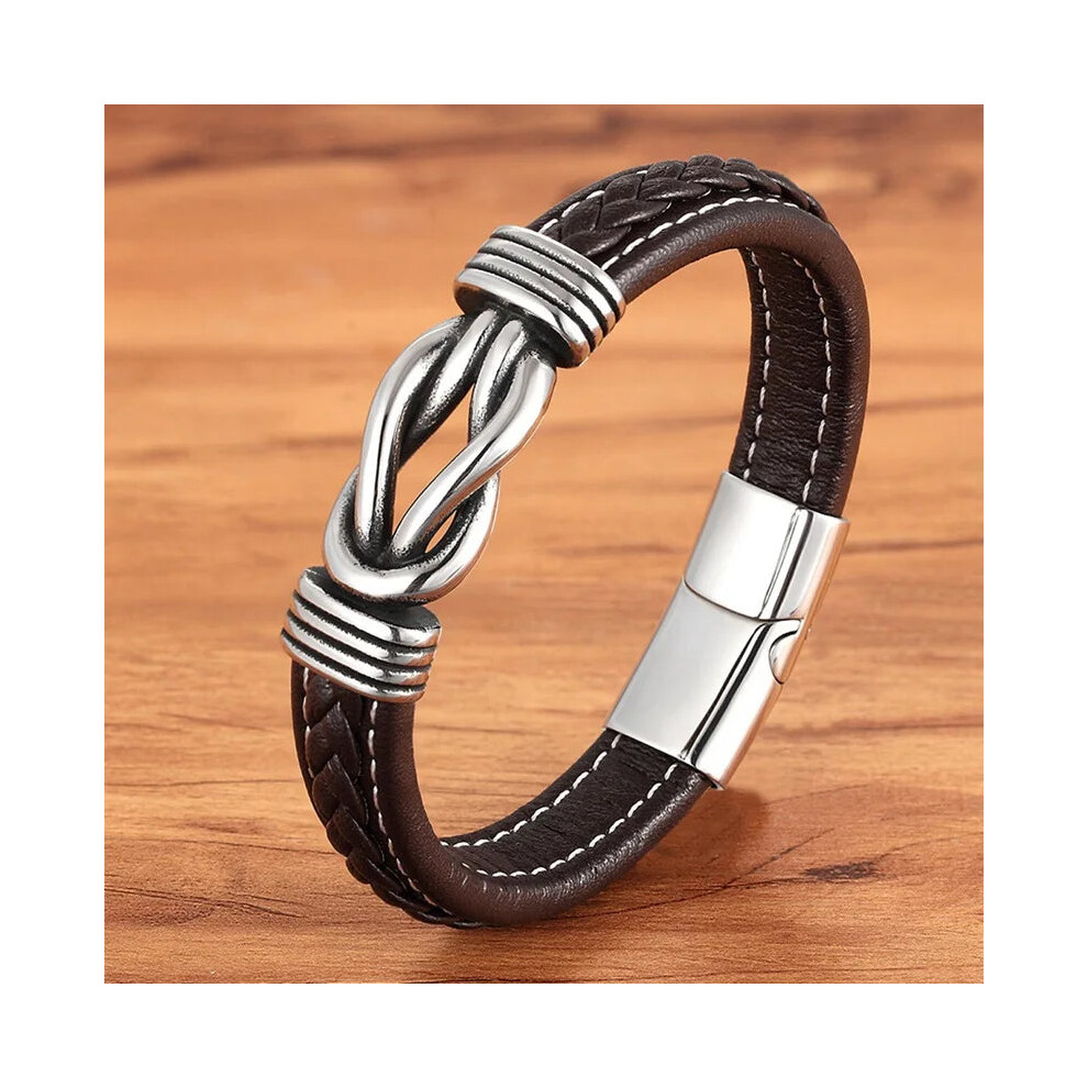 Photos - Bracelet  Geometric Stainless Steel Mens Leather (21cm, Black-Coffee)