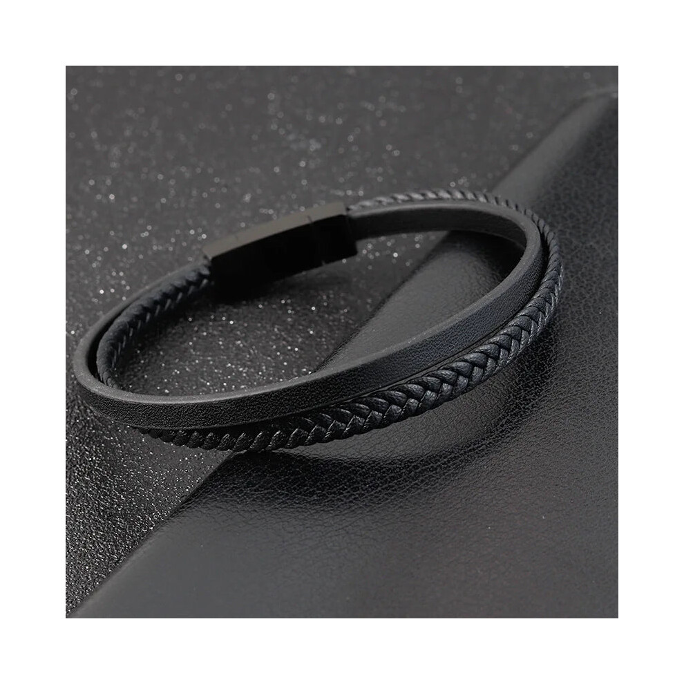 Photos - Bracelet  Simple Style Mens Black Genuine Leather (20.5cm, Style 4)