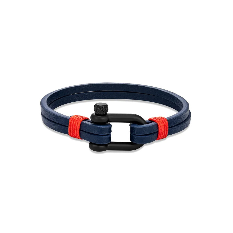 Photos - Bracelet  Mens U Shape Shackle  Double Layer Leather s(21cm, Blue White)
