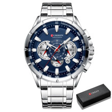 (Silver Blue Box) Mens Chronograph Quartz Watch Waterproof Sport Stainless Steel Wristwatch
