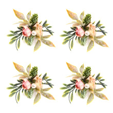 Double Rose Napkin Rings Set of 4, Flower Napkin Rings with Berries and Green Leaves Handmade Napkin Ring Holders