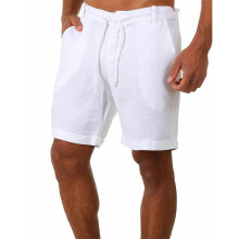 (WHITE, US XXL) Mens Cotton Linen Shorts Summer Breathable Solid Color
